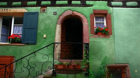 door in a green house - door, house, windows, facade, stairs, green