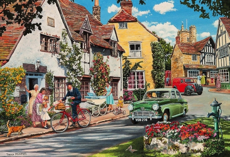 The Postman's Round - village, flowers, street, car, artwork, houses