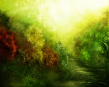 Painting - painting, green, foret, trees