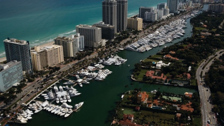 aerial view of miami - view, beach, boats, city, harbor