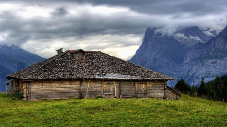 beautiful mountain cottage hdr - mountains, meadow, clouds, cottage, hdr, grass