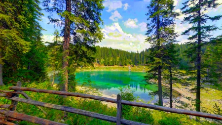 Lake In South Tyrol, Italy - clouds, trees, Alps, emerald water, beautiful, grass, forest, fence, lake