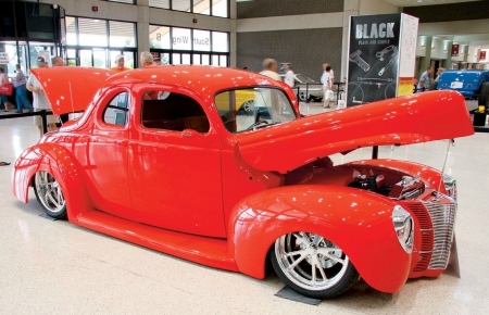 40 Ford Coupe - red, classic, chrome wheels, hotrod