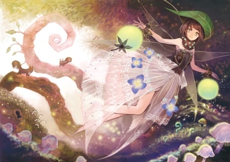 Fairy no Mori - nice, beauty, mushrooms, female, animals, wings, anime girl, elegant, fantasy, gorgeous, pretty, anime, scene, maiden, lady, girl, light, gown, lovely, forest, beautiful, sweet, fairy, flowers, dress, float