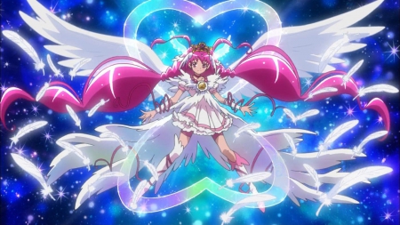 Ultra Cure Happy - nice, beauty, female, angel, magic, wings, twintail, pretty cure, anime girl, precure, pretty, anime, feather, twin tail, cure happy, girl, magical girl, twintails, long hair, pink hair, lovely, twin tails, wing, beautiful, sweet, dress, float