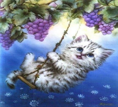 ..Swinging on the Vine.. - pretty, creative pre-made, purple, kittens, cats, fruits, draw and paint, vines, paintings, weird things people wear, colors, lovely, swing, grapes, naughty, cute, adorable, love four seasons, animals, kitty