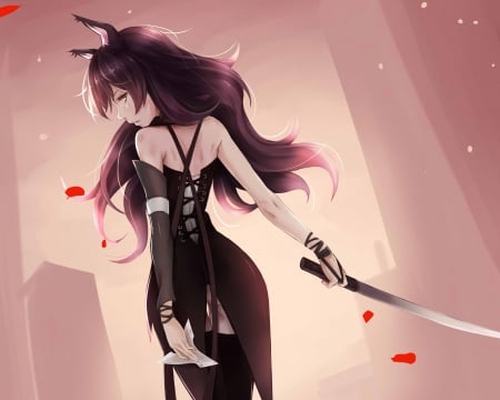 Blake Belladonna - anime, kitsune, female, warrior, ears, dress, long hair, rwby, hd, weapon, anime girl, blake belladonna, beautiful, hot, girl, sword, beauty, petals, blade, cg, black, sinister, black hair, sexy