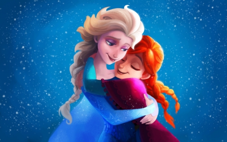 Elsa and Anna - anna, girl, winter, fantasy, art, queen, blue, elsa, snow, disney, orange, frozen, digital