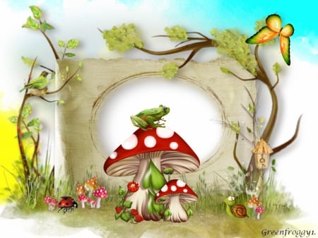 MUSHROOM FANTASY - mushrooms, creation, butterfly, frog