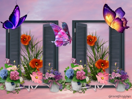 THROUGH THE WINDOWS - creation, flowers, windows, butterflies