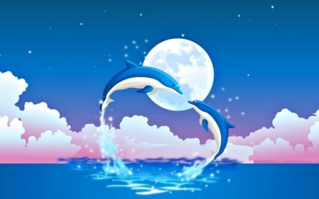 Blue dolphin - moon, sky, blue, water, sea, dolphin