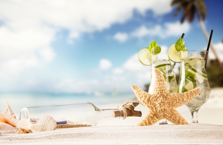 Summer - summer, bottle, beach, seashells, splendor, summer time, sand, cocktail, shells, nature, sky