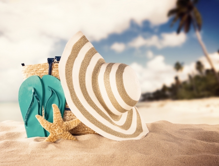 Summer - hat, sand, summer, sky