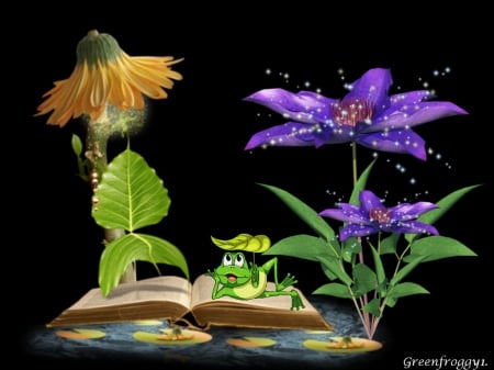 READING BY LAMP - flowers, frog, creation, book