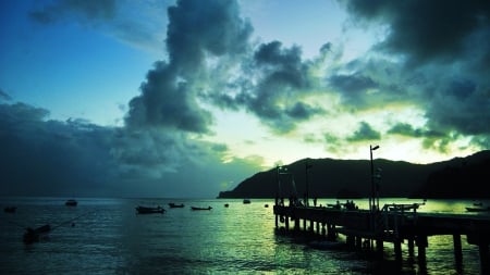 dawn on a trinidad and tobago sea pier - pier, boats, fisherman, dawn, clouds, bat