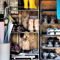 umbrellas and shoes in a home garage hdr