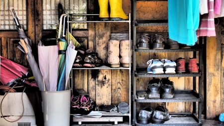 umbrellas and shoes in a home garage hdr - garage, shelves, shoes, umbrellas, hdr