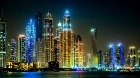 dubai skyscrapers in lights - lights, skyscrapers, waterfront, city, night