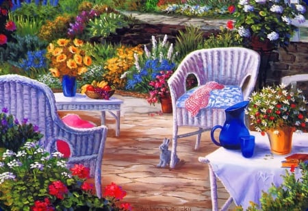 Summer garden - coffee, summer, chairs, lovely, painting, art, pretty, beautiful, rest, tea time, flowers, alleys, garden, relax