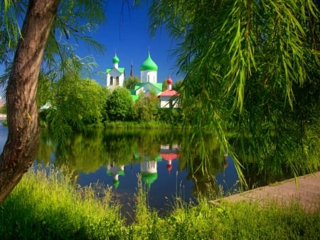 Reflection of a church - summer, colroful, grass, willow, reflection, church, calmness, shore, greenery, branches, trees, beautiful, pond, lovely, nature, green, serenity