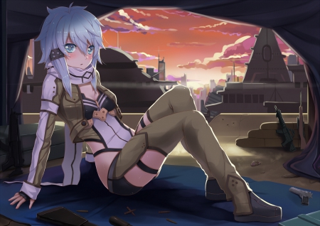 Sinon - pretty, anime, female, asada, scene, long hair, seexy, blue hair, sword art online, asada shino, sao, nice, ggo, sky, house, anime girl, gun gale online, beautiful, girl, beauty, lovely, sinon, sweet, cloud, shino asada, building, shino