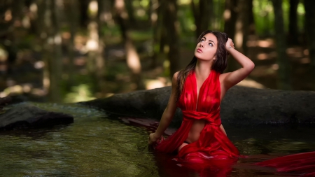 beauty in red - girls, beauty, woman, women, people, water, model, brunette, lake, skyphoenixx1, girl, wet, woods, forest, red, sea, dress