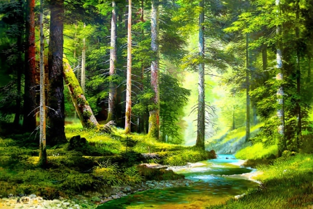 Forest creek - rays, freshness, trees, greenery, stream, creek, serenity, calm, painting, nature, art, forest, pretty, beautiful, sunrise