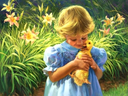 Innocence of childhood - nice, fun, joy, painting, art, childhood, pretty, grass, garden, innocence, girl, summer, child, lovely, duckling, smile, flowers