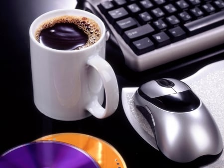 Coffee and Work - disc, coffee, mouse, laptop