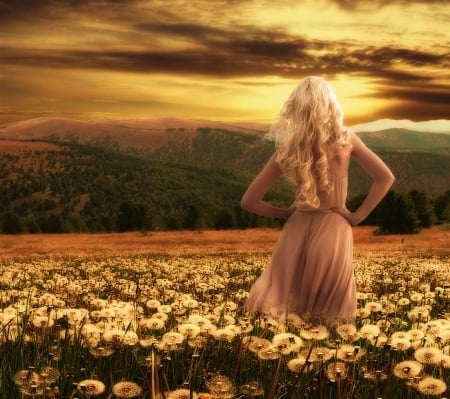 Spring Dream - forest, dandelion, mountains, beauty, model, walk, beautiful, spring, blonde, creative, flower field, sunset, nature, woman