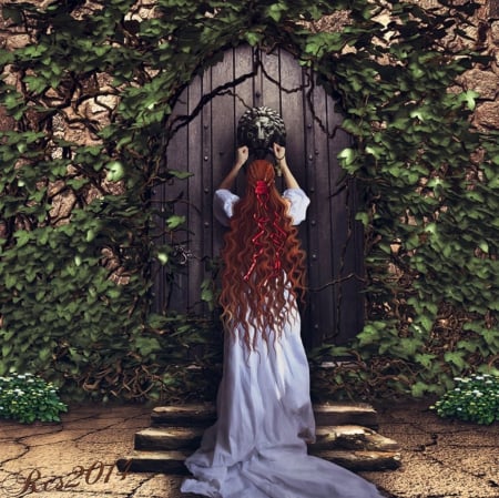 Open the Door - ribbon, fantasy, door, lady