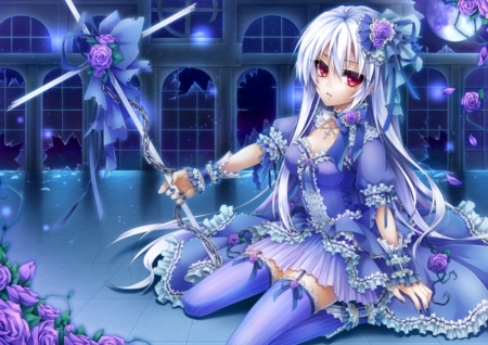 Blue Hallucinationã€€ - nice, beauty, female, hot, anime girl, pretty, anime, silver hair, maiden, lady, sexy, girl, long hair, gown, lovely, floral, beautiful, blossom, sweet, flower, dress