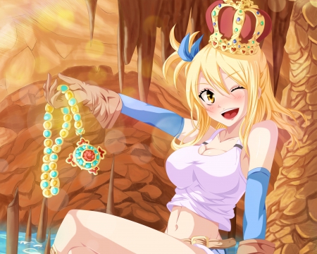 My Treasure - pretty, anime, tiara, female, maiden, crown, blonde, wink, long hair, happy, treasure, blond, nice, smiling, anime girl, royalty, beautiful, hot, girl, blonde hair, beauty, fairy tail, lovely, jewel, sweet, smile, necklace, lady, sexy, lucy heartfilia