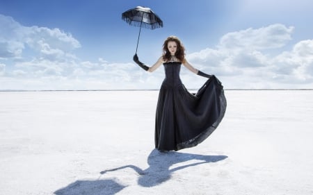 Dark beauty - summer, black, model, dark, sun, girl, umbrella, dress, blue, white, desert, woman, day