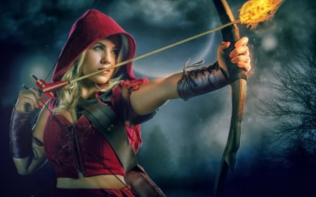 Red Riding Hood - woman, girl, red riding hood, theresa louise, fire, fantasy, archer, dark, red, arrow