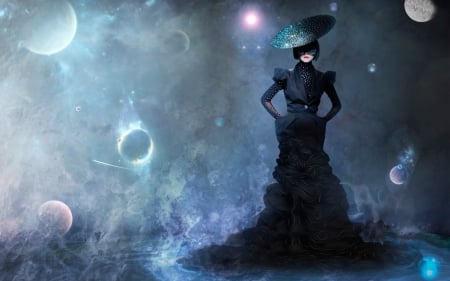 Fantasy - woman, hat, girl, night, black, fantasy, bubbles, art, dark, blue, digital, dress