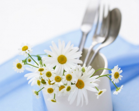 Cup of flowers - spoon, flowers, fork, cup