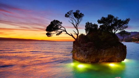 Brela Beach at Sunset - trees, sunset, nature, beach, rock, sea, brela