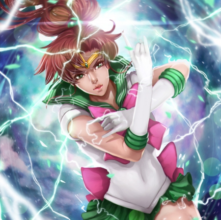 Sailor Jupiter - pretty, anime, magic, female, pink, thunder, long hair, sailor moon, nice, lighting, makoto, anime girl, sailormoon, beautiful, girl, beauty, lovely, brown hair, sweet, fantasy, white, sinister, green, magical girl, sailor jupiter