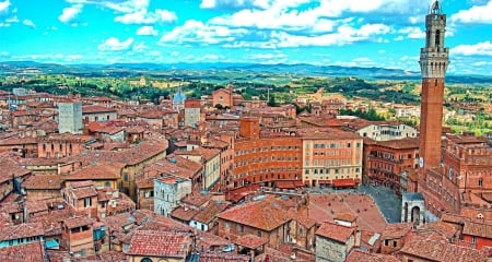 Siena (Piazza del Campo)_Italy - hills, monument, town, medieval, view, old, landscapes, houses, sky, castle, ruins, trees, colors, architecture, Italia, Architecture, village, ancient, Italy, panorama, Siena, building, antique