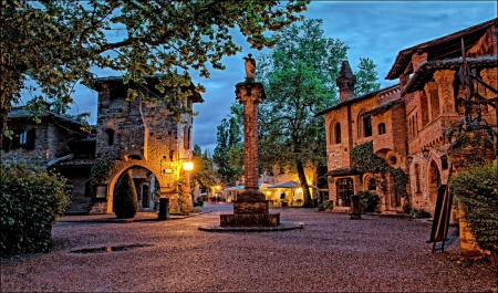 Grazzano Visconti_Italy - hills, monument, town, night, light, medieval, view, old, houses, sky, castle, ruins, trees, colors, architecture, Italia, Architecture, village, Grazzano Visconti, ancient, Italy, panorama, building, antique