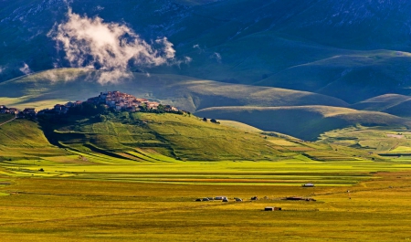 Castelluccio di Norcia_Italy - hills, monument, town, Castelluccio di Norcia, medieval, view, old, houses, sky, castle, ruins, clouds, trees, city, architecture, Italia, Architecture, village, river, ancient, Italy, shadows, panorama, meadows, mountains, italy, building, antique