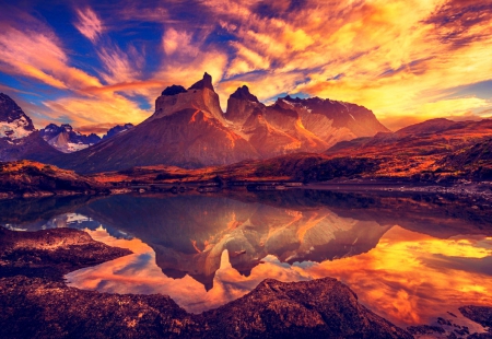 Rising Sun - sky, lake, torres del paine, chile, summer, mountains, reflection, beautiful, clouds, sunrise