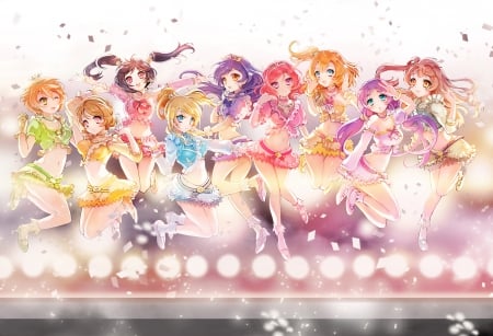 Love Live! - pretty, anime, female, team, dress, light, long hair, happy, short hair, group, jump, nice, gown, anime girl, beautiful, girl, beauty, lovely, sweet