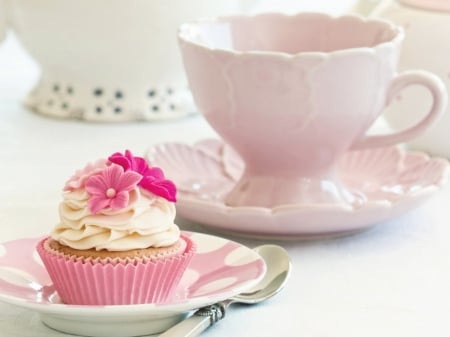 Tea Time - cupcake, pink, cup, teatime