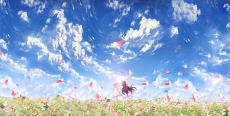 U R Not Alone - nice, akemi homura, beauty, madoka kaname, sky, female, anime girl, pretty, cloud, mkaname, anime, cute, scene, homura, girl, adorable, mahou shojo madoka magica, lovely, kawaii, beautiful, mahou shoujo, scenery, akemi, sweet, madoka