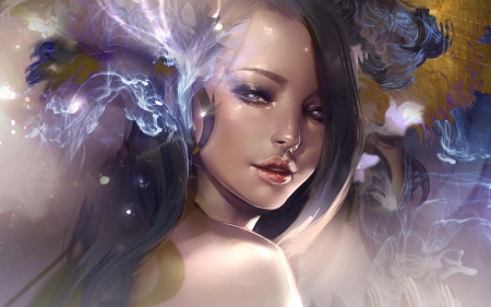 Beauty - fantasy, blue, woman, girl, beauty, face, smoke, art