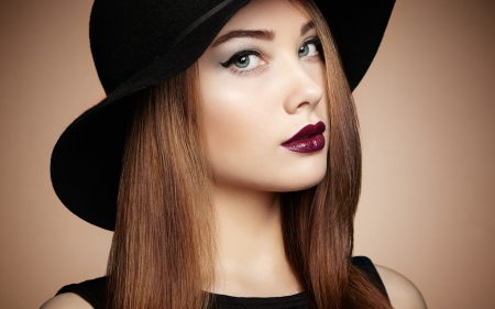 Beauty - beauty, woman, face, girl, hat, make-up, black, model