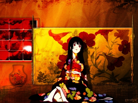 Red Moon - hell girl, enma ai, anime, traditional, kimono, jigoku shoujo