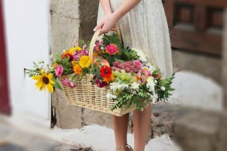 The beauties of  summer - hands, flower basket, lady, grapes, summer, flowers, basket, shopping